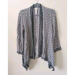 Chico's‎ Womens Draped Geometric Print Black White Cardigan Sweater Size 0